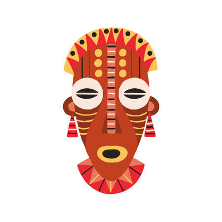 Ethnic african tribal mask with huge eyes and open mouth. Traditional ritual symbol. Ancient human art. Flat vector illustration isolated on white backgroundのイラスト素材