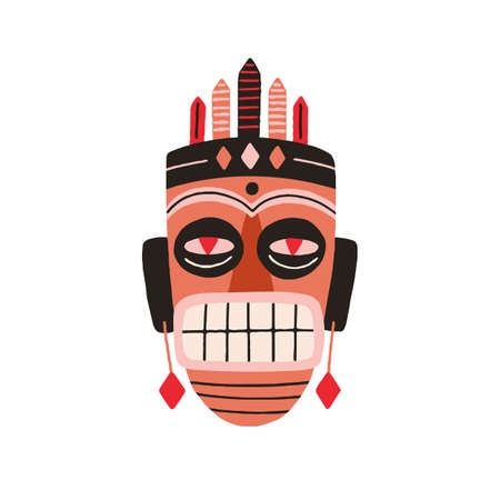 Ethnic african tribal mask showing teeth and expressing anger. Traditional holy symbol. Ancient art. Flat vector illustration isolated on white backgroundのイラスト素材