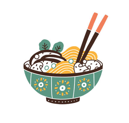 Painted ceramic bowl of Japanese noodle soup served with chopsticks. Ramen dish with meat, mushrooms and greenery isolated on white background. Traditional Asian food. Drawn flat vector illustrationのイラスト素材
