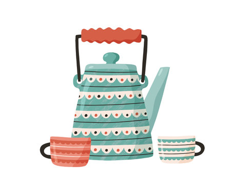 Cute ceramic teapot with cups. Painted kettle isolated on white background. Kitchen crockery. Tea party concept. Hand drawn flat vector illustrationのイラスト素材