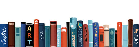 Row of different colorful books vector flat illustration. Educational or entertainment textbooks with multicolored covers horizontal background. Literature backdrop isolated on whiteのイラスト素材