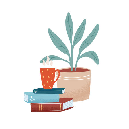 Colorful composition with a stack of books, hot beverage in the mug and houseplant isolated on white. Cozy scene with a pile of textbooks, cup of coffee and plant. Vector flat cartoon illustrationのイラスト素材