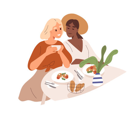 Cute multiracial lesbian couple have a date at cafe. Homosexual women cuddling and having breakfast. Romantic scene with lgbt family. Flat vector cartoon illustration isolated on white backgroundのイラスト素材