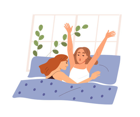 Cute homosexual couple of women in bed. Morning scene of girlfriends in bedroom. Lesbian characters wake up together. Romantic lgbt family. Flat vector cartoon illustration isolated on whiteのイラスト素材