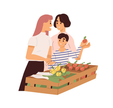 Cute homosexual couple with child buying fruits on market. Loving lesbian parents with kid at grocery. Lgbt family in the shop. Flat vector cartoon illustration isolated on whiteのイラスト素材