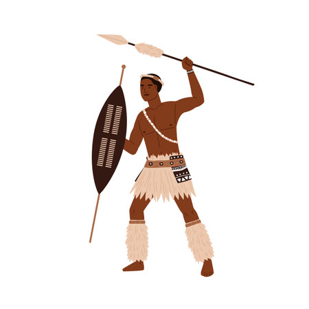 African tribal man holding spear and shield in hands. Young warrior of aboriginal tribe wearing traditional ethic clothes with accessories. Flat vector illustration isolated on white backgroundのイラスト素材
