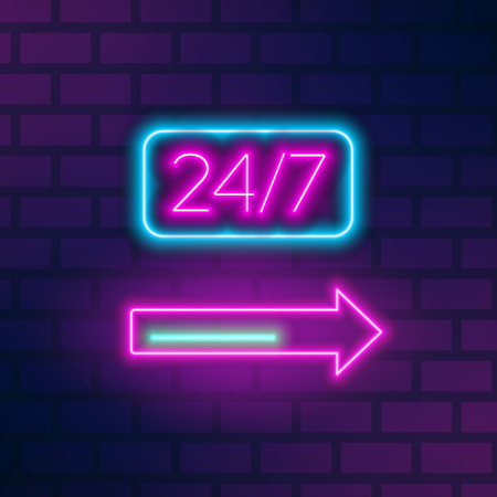 Neon roadside signboard with 24 hours inscription and arrow on brick wall. Fluorescent glowing advertising with 24h signage. Outline vector illustration of electric illuminated symbolのイラスト素材
