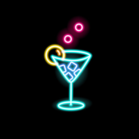 Neon sign of cocktail in glowing glass on black background. Fluorescent bright signboard with party drink. Illuminated symbol of beverage. Shiny signage for bar or club. Outline vector illustrationのイラスト素材