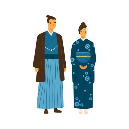 Japanese couple wearing traditional costumes. Man and woman in decorated national clothes yukata and hakama. Young family from japan in folk dress. Flat vector illustration isolated on whiteのイラスト素材