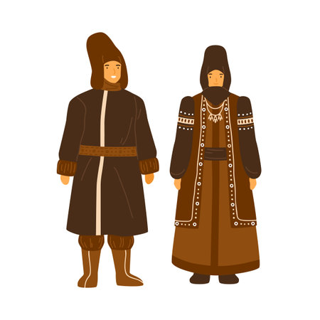 Couple from Yakutia or Sakha Republic wearing national winter costume. Female character in traditional coat and headdress. Man in yakut hat and garment. Flat vector illustration isolated on whiteのイラスト素材