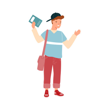 Modern teenage student holding notebook and waving hand. Pupil with schoolbag. Portrait of cute preschool kid. Flat vector cartoon illustration of cheerful schoolboy isolated on whiteのイラスト素材
