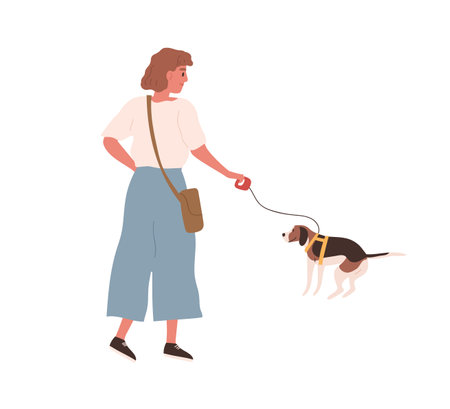 Young cheerful woman walking dog on leash. Female character with defecating puppy outdoors. Scene of owner and pooping pet outside. Flat vector cartoon illustration isolated on whiteのイラスト素材