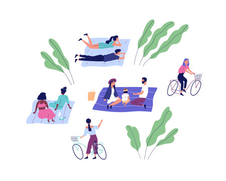 Happy people at summer picnic in the park. Family with child, couple, friends and bicyclists spend time outdoors. Scene of recreation in nature. Flat cartoon vector illustration isolated on whiteのイラスト素材