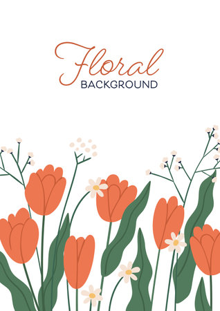 Colorful vertical botanical background with beautiful blooming tulips and daisy meadow flowers. Floral backdrop with wildflowers and a place for text. Vector illustration in flat cartoon styleのイラスト素材
