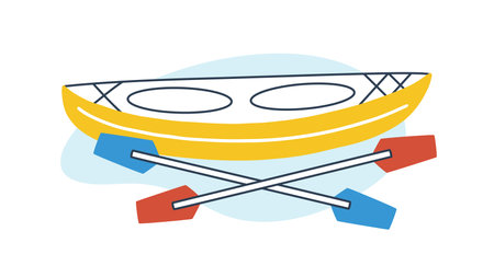 Icon of rowing boat with paddles. Empty kayak with oars. Concept of extreme sport and summer water activity. Canoe isolated on white background. Vector illustration in flat cartoon styleのイラスト素材