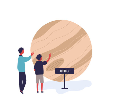 Boys visiting exhibition in planetarium or space museum. Visitors watching model of Jupiter. Children contemplating space planet exhibit. Flat vector cartoon illustration isolated on whiteのイラスト素材