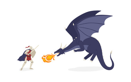 Brave knight fighting with dragon vector flat illustration. Medieval warrior with sword and shield struggling to mythical beast isolated on white. Fairy tale battle between heroic warrior and monsterのイラスト素材