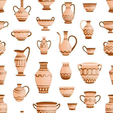 Handmade antique greek pottery seamless pattern. Ancient vases decorated by hellenic ornaments vector flat illustration. Background with traditional grecian clay amphoras and bowlsのイラスト素材