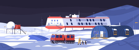 Remote antarctic polar station at night. Arctic landscape with icebreaker, shelter and North Pole researcher with penguins. Colored flat vector illustrationのイラスト素材