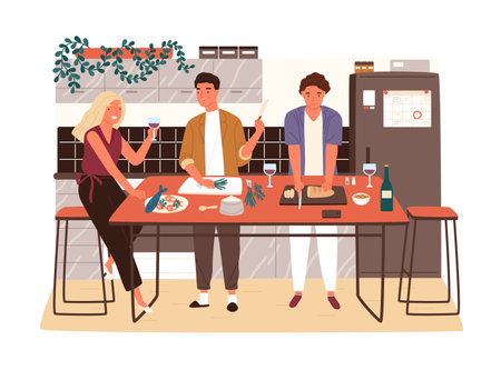 Group of friends or family members cooking dinner and drink wine together vector flat illustration. Happy male and female characters communicate in kitchen while preparing food isolated on whiteのイラスト素材