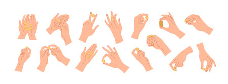 Set of hands holding, throwing, catching or giving golden coins. Money in fingers and palms. Concept of investment, donation and paying. Flat vector illustration isolated on white backgroundのイラスト素材