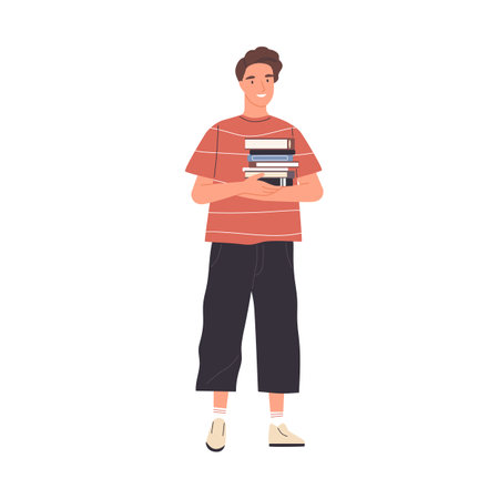 Young happy male reader or student standing and holding stack of books isolated on white background. Smiling modern man studying and preparing for exam. Flat vector illustrationのイラスト素材