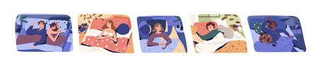 Set of different people sleeping on comfortable bed vector flat illustration. Collection of man,...