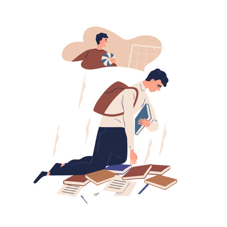 Upset guy dreaming to play football instead of studying. Exhausted teenager suffering for doing homework vector flat illustration. Depressed teen with books isolated. Concept of stress and tirednessのイラスト素材