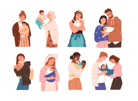 Set of cute women and families with newborn baby. Collection of different children with happy parents feeling love isolated vector flat illustration. Mother, father and kids embracing each otherのイラスト素材