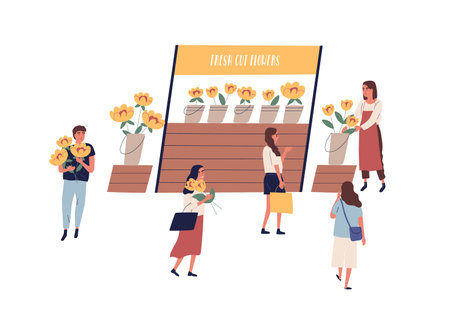 Street kiosk with fresh cut flowers vector flat illustration. Woman vendor sell garden plants at stall at outdoor fair or market isolated. Customers walk and buy natural seasonal bouquetsのイラスト素材
