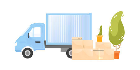 Truck near a pile of cardboard boxes with belongings and houseplants vector flat illustration. Cargo transportation for moving to new house isolated. Vehicle of shipping service or transport companyのイラスト素材