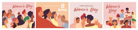 Set of card templates for International Womens Day with diverse multiethnic girls. Collection of...
