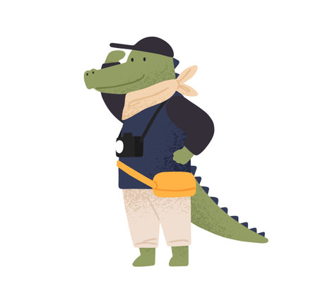 Cute crocodile tourist observing, enjoy travel or vacation vector flat illustration. Funny wild animal with camera admiring sight during adventure trip isolated. Happy traveler characterのイラスト素材