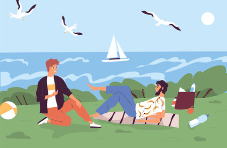 Male friends spending time together at seashore vector flat illustration. Young couple at picnic outdoors. Smiling men talking and relax at natural seascape. People enjoy summer vacationのイラスト素材