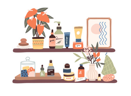 Bottles with cleansing and moisturizing cosmetics products on bathroom shelves. Cream tubes, shower gel, shampoo and other stuff for skin care. Flat vector illustration isolated on white backgroundのイラスト素材