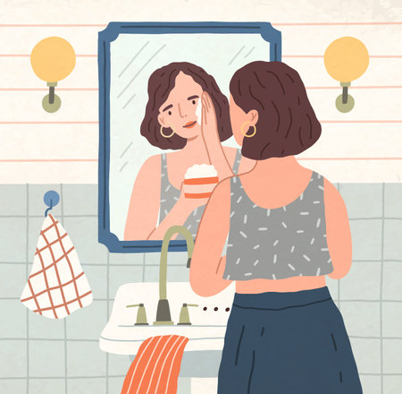 Yong beautiful woman moisturizing or washing her face with cream or cleansing lotion in front of mirror. Daily beaty routine and skin care at home. Colored flat vector illustration.のイラスト素材
