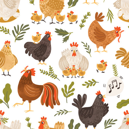 Seamless pattern with cute roosters, chickens, hens and leaves on white background. Endless repeatable backdrop with domestic birds. Colorful flat vector illustrationのイラスト素材
