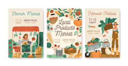 Collection of local products farmer market and harvest festival posters vector flat illustration. Set of announcement for seasonal agricultural fair isolated. Promo template with place for textのイラスト素材