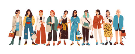 Group of fashionable women standing together vector flat illustration. Stylish female characters in modern casual, hipster clothes isolated on white. Beautiful ladies in elegant outfitのイラスト素材