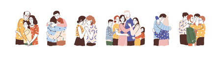 Set of people hugging and support each other isolated on white. Concept of reunion and warm relationship. Families, couple and friends cuddling. Vector illustration in flat cartoon styleのイラスト素材