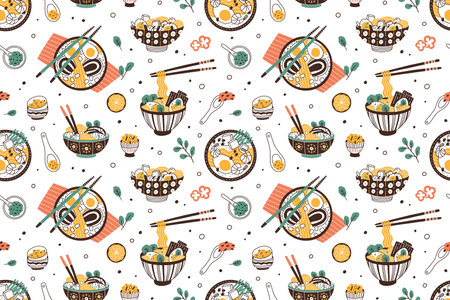 Ramen soup hand drawn seamless pattern. Traditional japanese dish with noodles in bowls vector flat illustration. Background with national oriental meal. Wrapping for wok restaurantのイラスト素材