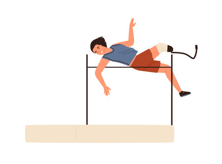 High jump disabled athletic woman performing activity vector flat illustration.   sportswoman jumping over bar isolated. Athlete with artificial prosthetic leg doing exercise at trainingのイラスト素材