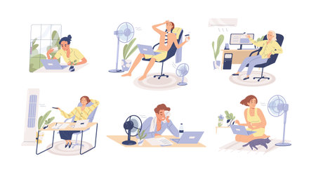People working in heat, using air conditioner and fan at home and in the office. Overheating and exhaustion. Workplace conditioning. Flat vector cartoon illustration isolated on white backgroundのイラスト素材