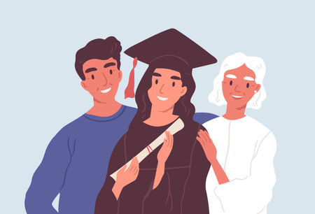 Happy graduated female student in graduation cap and robe standing together with mom and dad. Parents proud of their daughters academic degree and achievements. Flat vector illustrationのイラスト素材