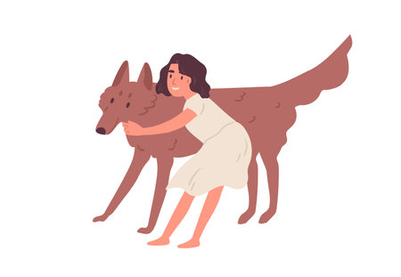 Smiling little girl hugging and petting cute dog isolated on white background. Concept of love and friendship between people and domestic animals. Colorful flat vector illustrationのイラスト素材