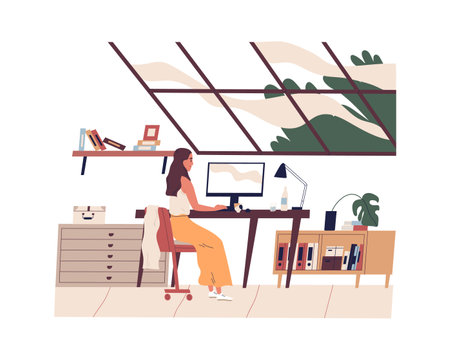 Young woman sitting at table and working or studying online at computer in modern comfortable home office during quarantine. Everyday working routine of freelancer. Flat vector illustration isolatedのイラスト素材