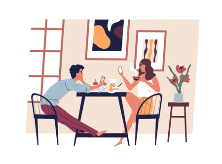 Young modern couple with smartphones in the kitchen while eating and drinking coffee. Mobile phone addiction concept. Family daily routine, breakfast and surfing internet. Flat vector illustrationのイラスト素材