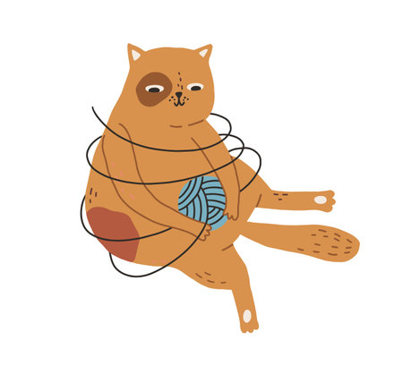 Cute cat playing with yarn ball tangled in threads isolated on white background. Funny ginger kitty sitting with string around it. Colored flat vector illustration drawn in doodle styleのイラスト素材