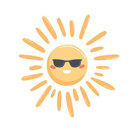 Bright yellow sun in glasses with happy face expression. Hot and clear sunny weather icon with funny smiling character. Colored flat vector illustration isolated on white backgroundのイラスト素材