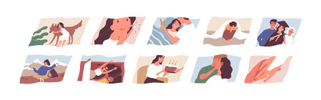 Set of scenes from female life. Growing and maturing from little girl to adult woman. Concept of memories from childhood to adulthood, positive and negative experience. Flat vector illustration.のイラスト素材